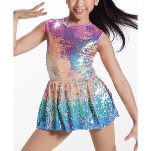 Weissman Ombré Showtime Neon Lights Sequin Skater Jazz Dress Sz Girls 7/8